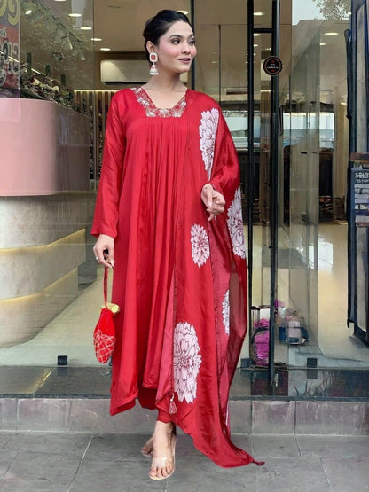 Blooming Red Rayon Cotton Party Wear Kurti Set