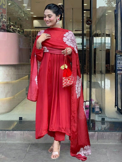 Blooming Red Rayon Cotton Party Wear Kurti Set