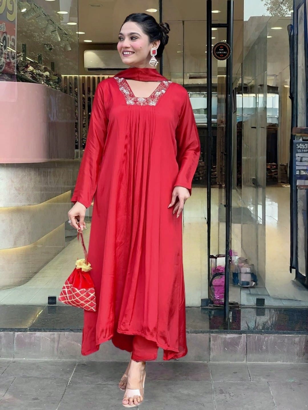 Blooming Red Rayon Cotton Party Wear Kurti Set