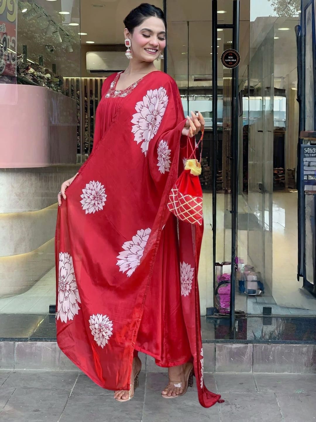 Blooming Red Rayon Cotton Party Wear Kurti Set