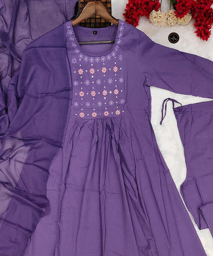 Premium Embroidered Cotton Lavender Kurta Set For Ladies