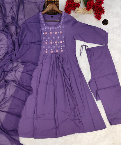 Premium Embroidered Cotton Lavender Kurta Set For Ladies
