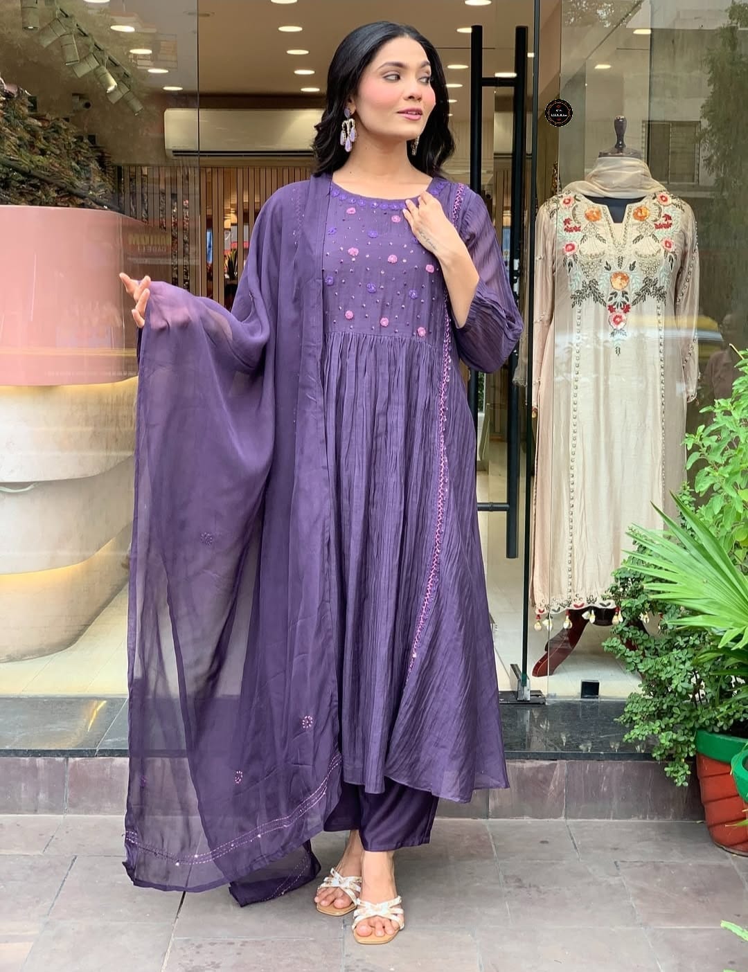 Premium Embroidered Cotton Lavender Kurta Set For Ladies