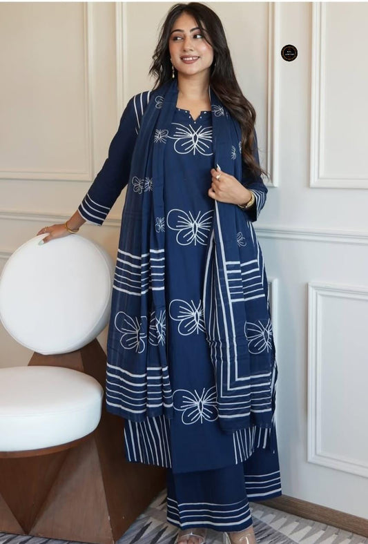 Exclusive Blue Cottton Printed Kurti Pair