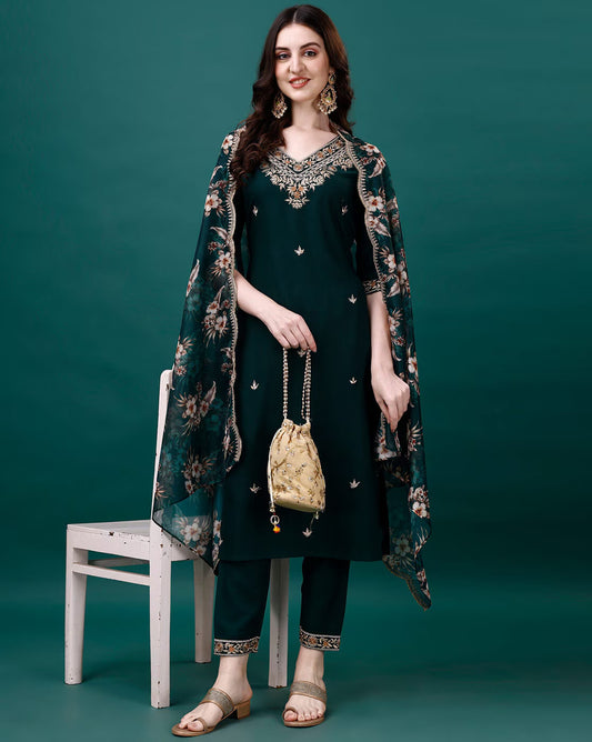 Green Cotton Casual Wear Kurti Pant Set