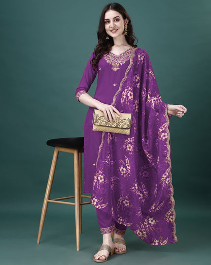 Wine Embroidered Cotton Kurti Pant Set With Dupatta