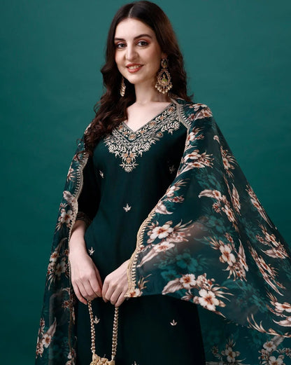 Green Cotton Casual Wear Kurti Pant Set