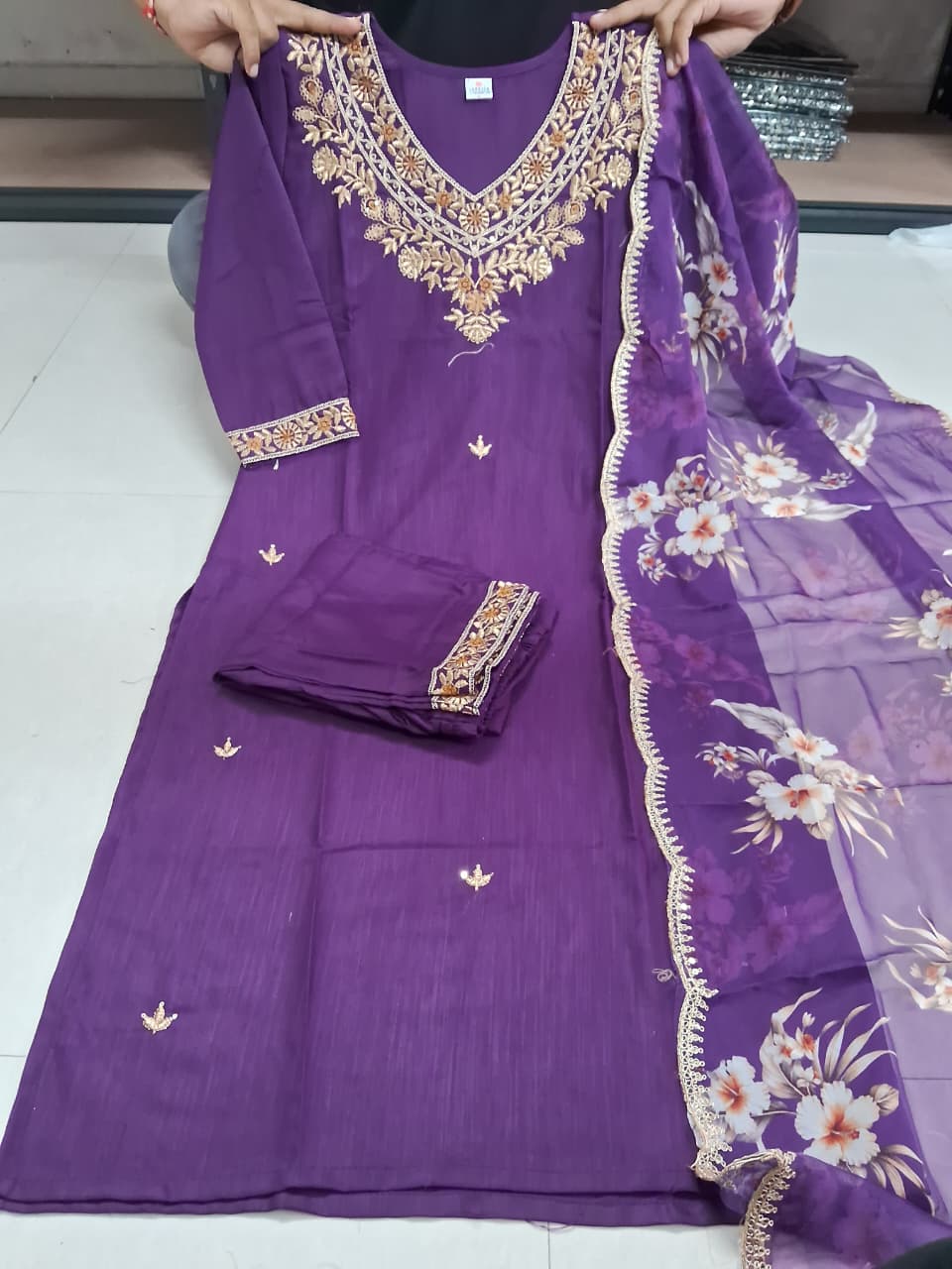 Wine Embroidered Cotton Kurti Pant Set With Dupatta