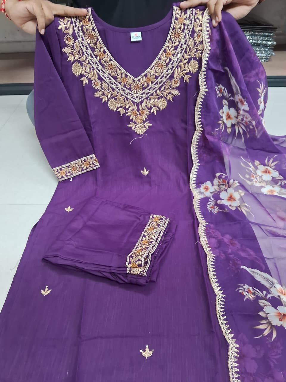 Wine Embroidered Cotton Kurti Pant Set With Dupatta