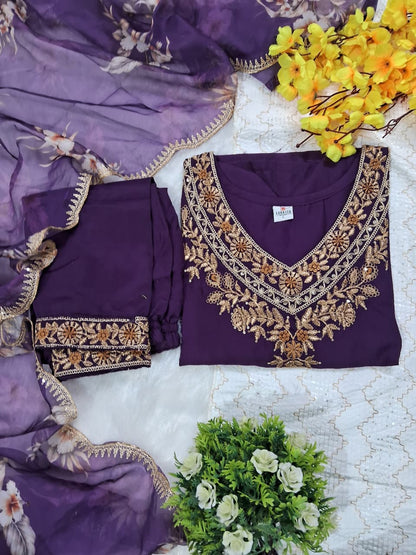 Wine Embroidered Cotton Kurti Pant Set With Dupatta