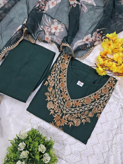 Green Cotton Casual Wear Kurti Pant Set