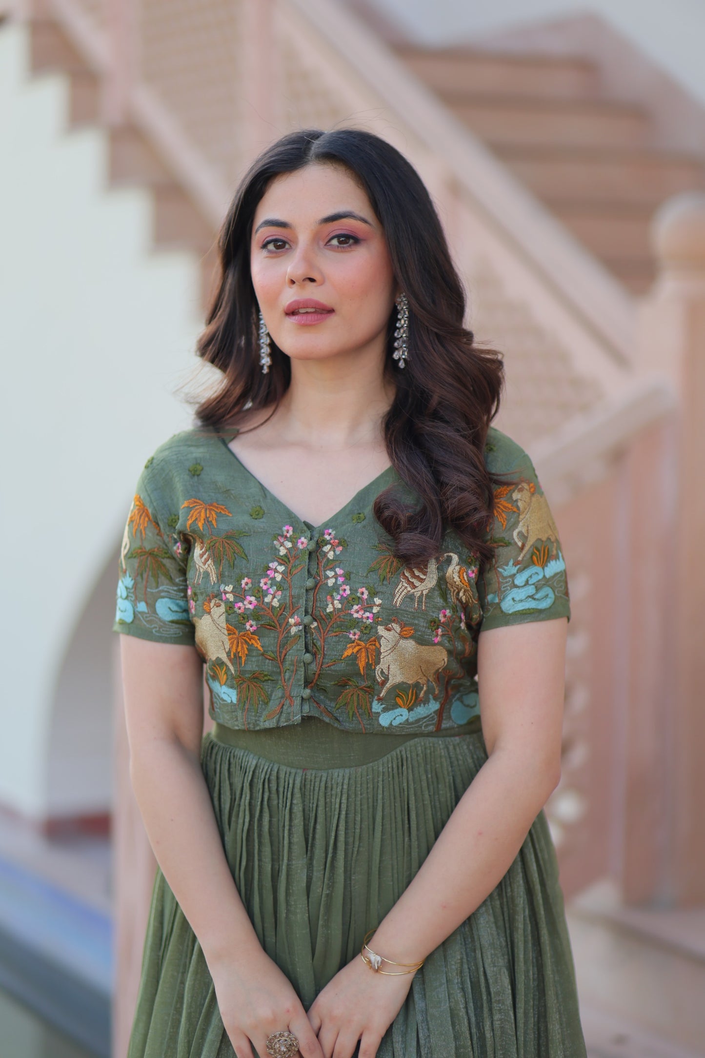 Fancy Silver Crunchy Dress with Cotton Lining & Embroidered Koti