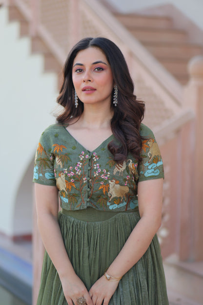 Fancy Silver Crunchy Dress with Cotton Lining & Embroidered Koti