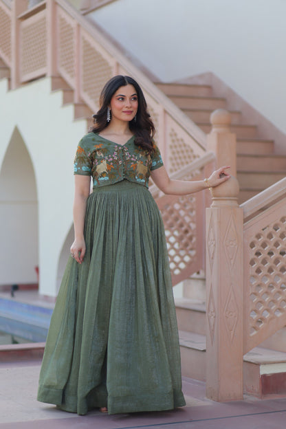 Fancy Silver Crunchy Dress with Cotton Lining & Embroidered Koti