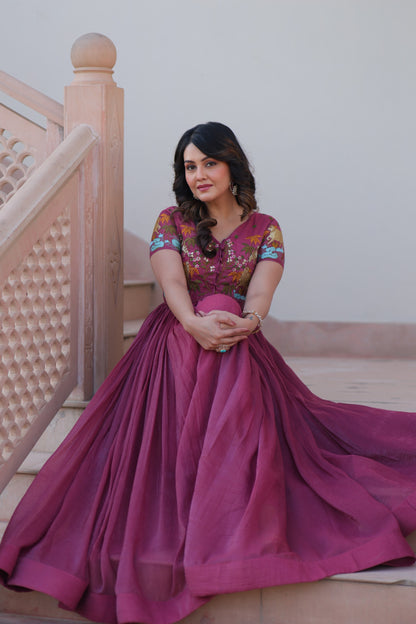 Stitched Silver Gown with Embroidered Koti