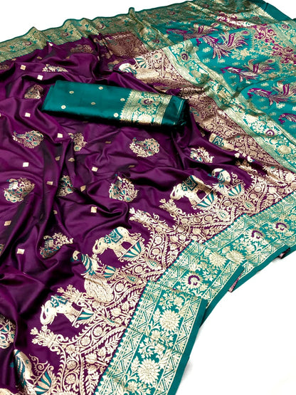 Rich Purple and Teal Green Banarasi Silk Saree