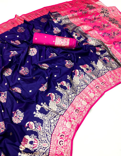 Luxurious Banarasi Silk Saree in Royal Blue with Pink Border