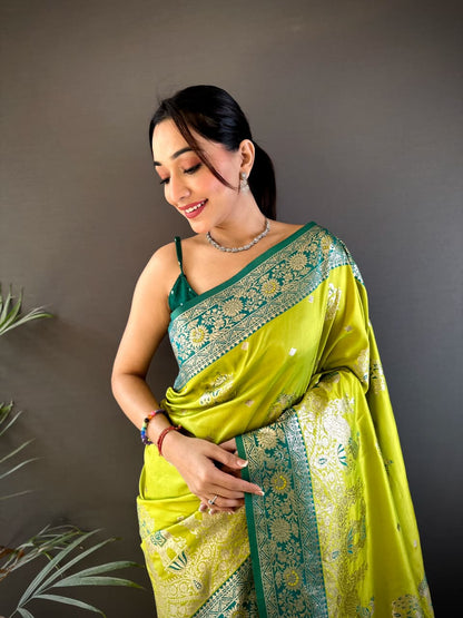 Lime Yellow Banarasi Silk Saree with Emerald Green Pallu