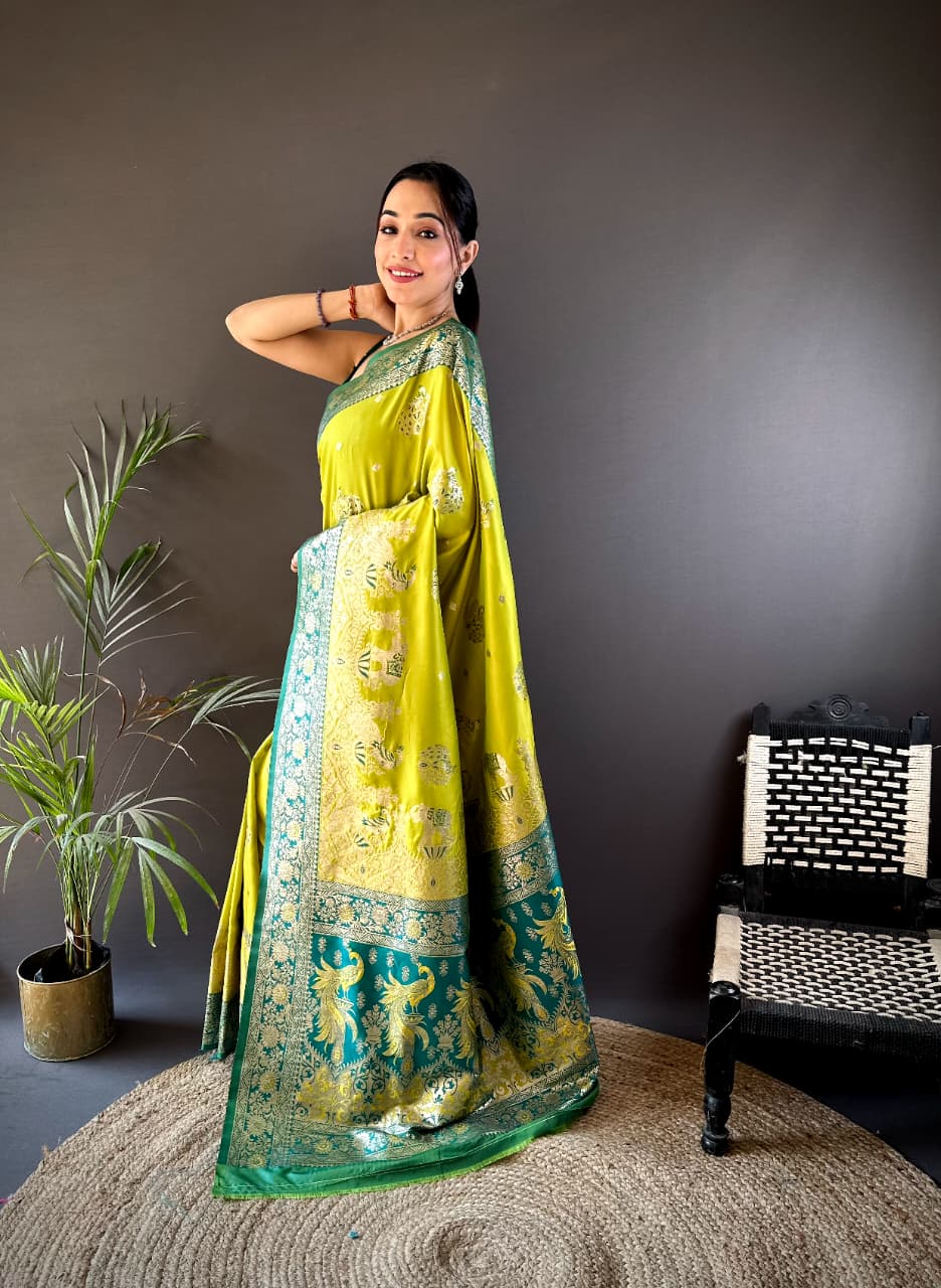 Lime Yellow Banarasi Silk Saree with Emerald Green Pallu