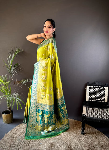 Lime Yellow Banarasi Silk Saree with Emerald Green Pallu