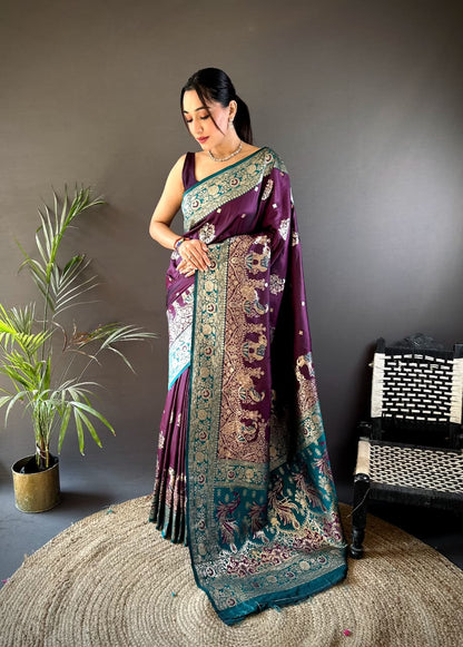 Rich Purple and Teal Green Banarasi Silk Saree