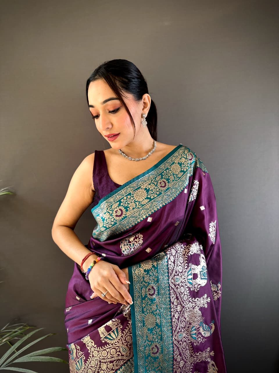 Rich Purple and Teal Green Banarasi Silk Saree