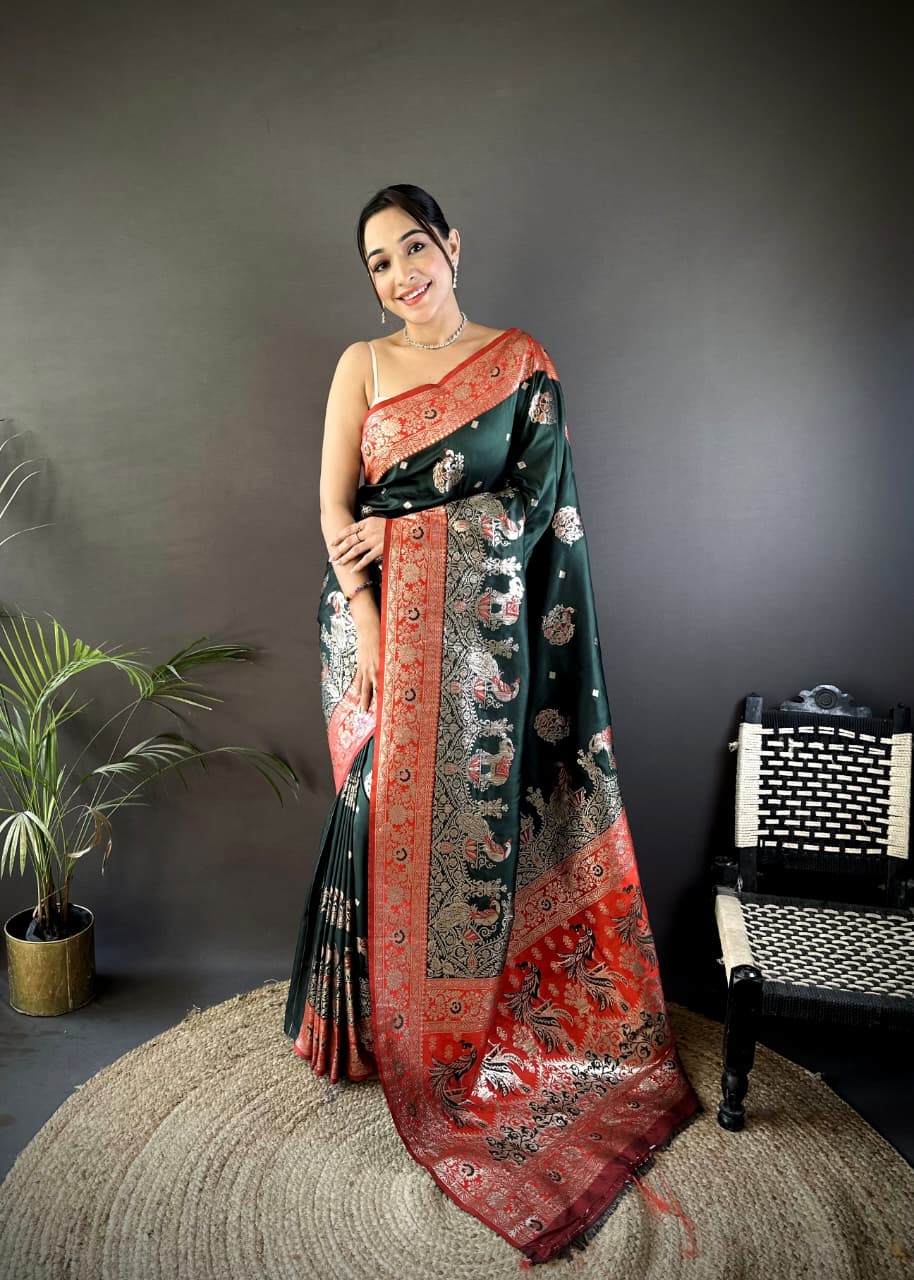 Dark Green Banarasi Silk Saree with Contrast Red Pallu