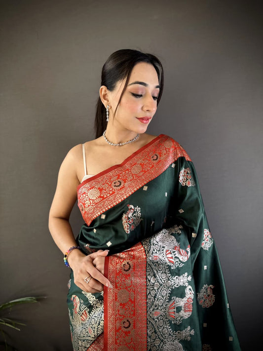 Dark Green Banarasi Silk Saree with Contrast Red Pallu