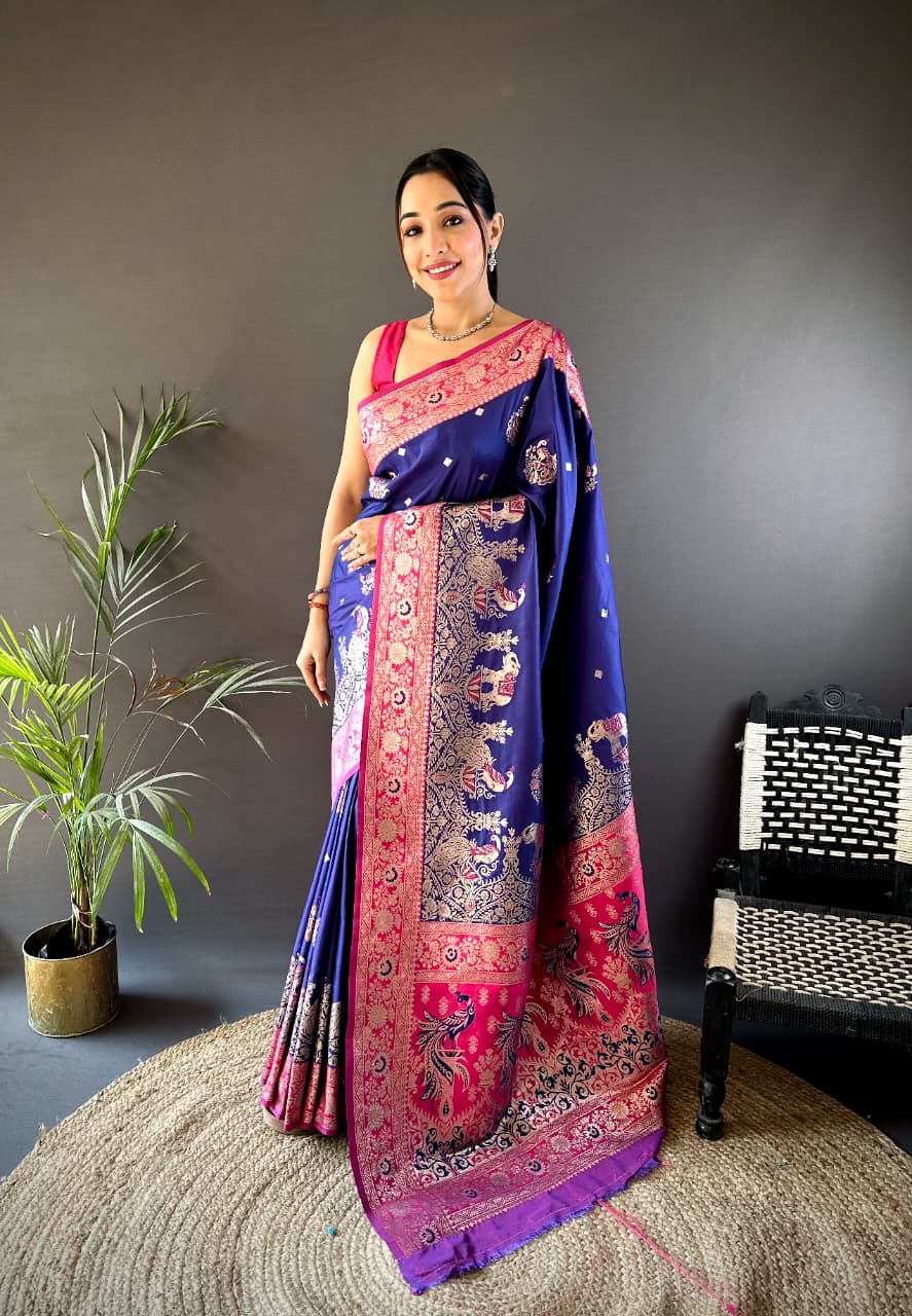 Luxurious Banarasi Silk Saree in Royal Blue with Pink Border