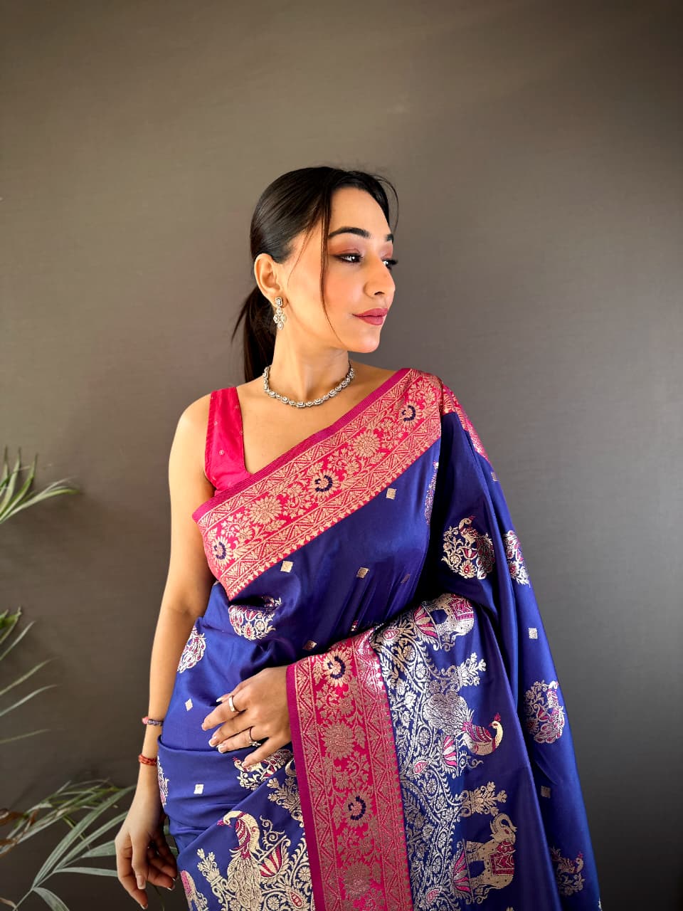 Luxurious Banarasi Silk Saree in Royal Blue with Pink Border