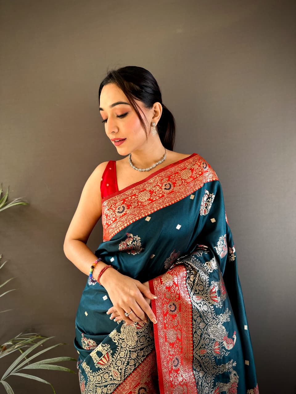 Elegant Banarasi Silk Saree in Teal Green and Red