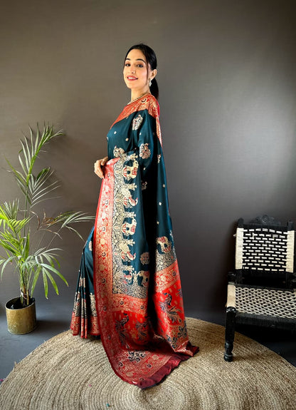 Elegant Banarasi Silk Saree in Teal Green and Red