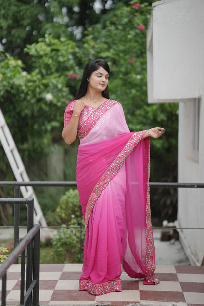 Rani Pink Silk Saree with Mirror Embroidery and Designer Blouse