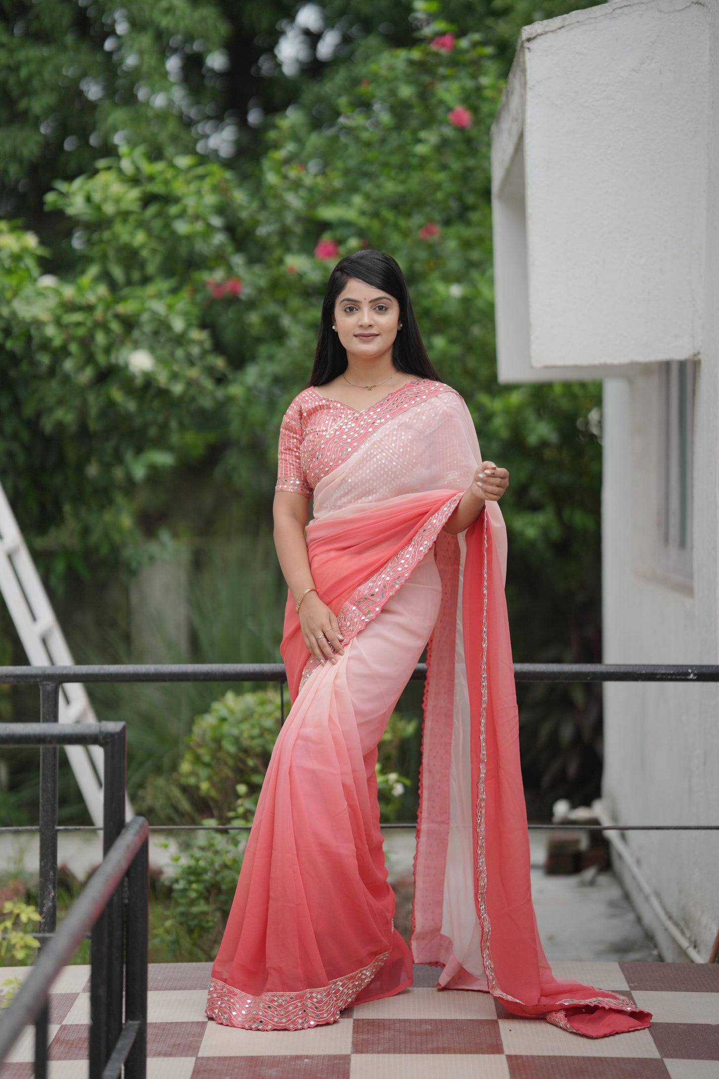 Peach Pink Ombre Silk Saree with Mirror Work Detailing