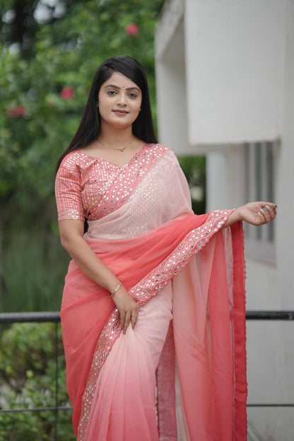 Peach Pink Ombre Silk Saree with Mirror Work Detailing