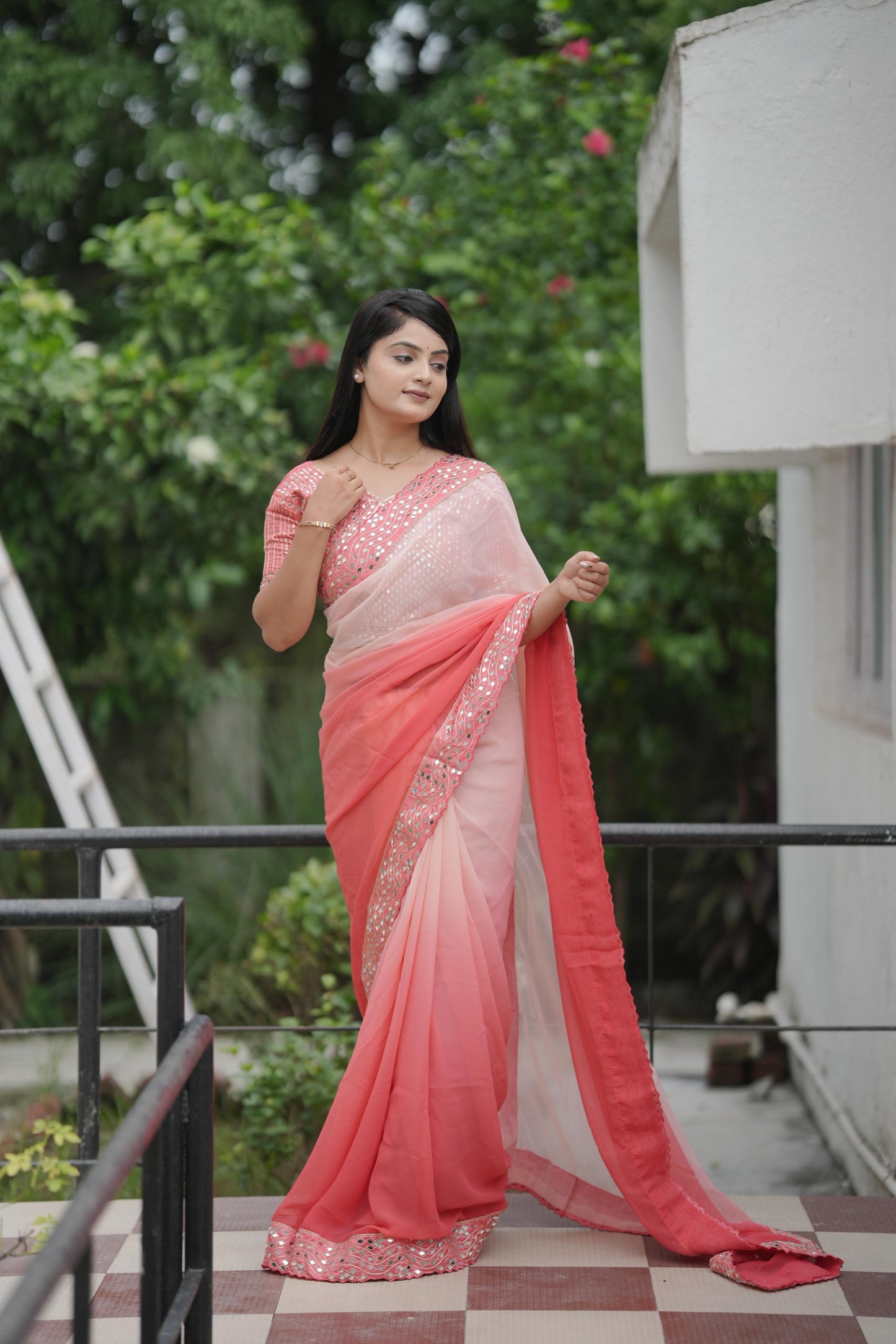 Peach Pink Ombre Silk Saree with Mirror Work Detailing