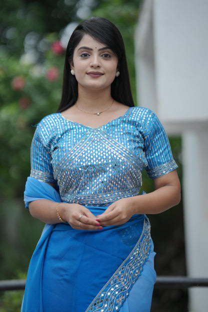 Elegant Blue Banarasi Silk Saree with Mirror Detailing