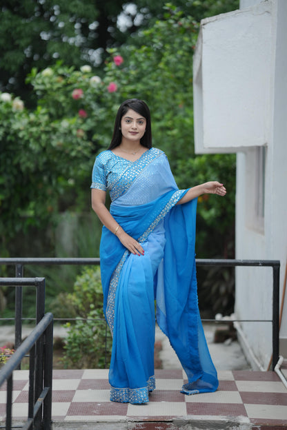 Elegant Blue Banarasi Silk Saree with Mirror Detailing