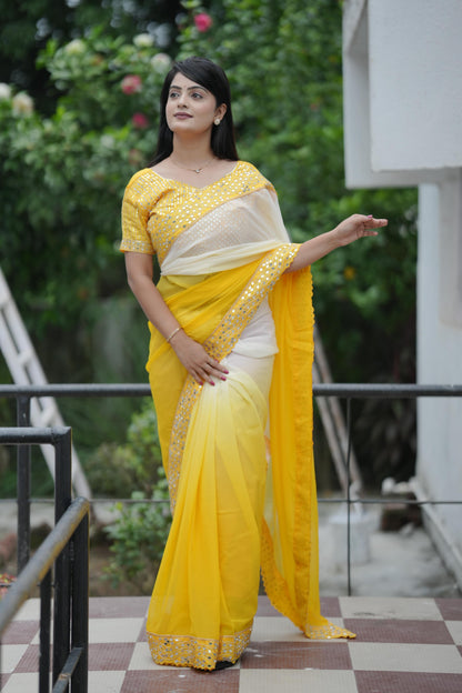 Yellow Banarasi Silk Saree with Mirror Embroidery