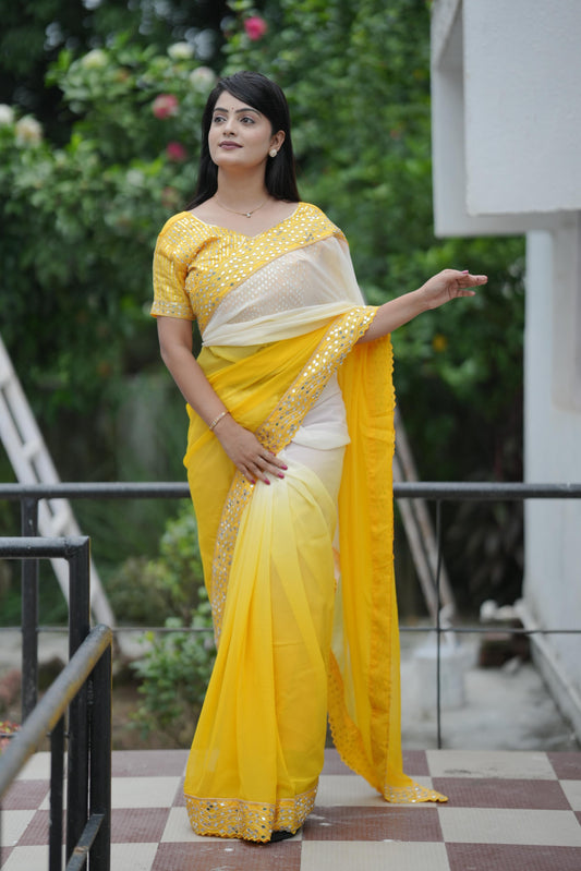 Yellow Banarasi Silk Saree with Mirror Embroidery