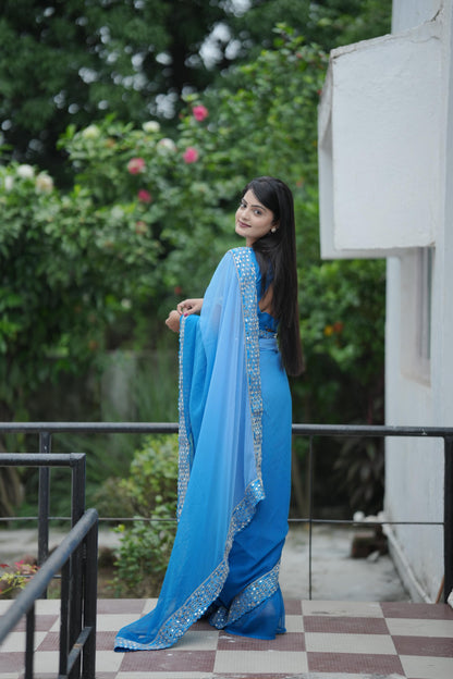 Elegant Blue Banarasi Silk Saree with Mirror Detailing