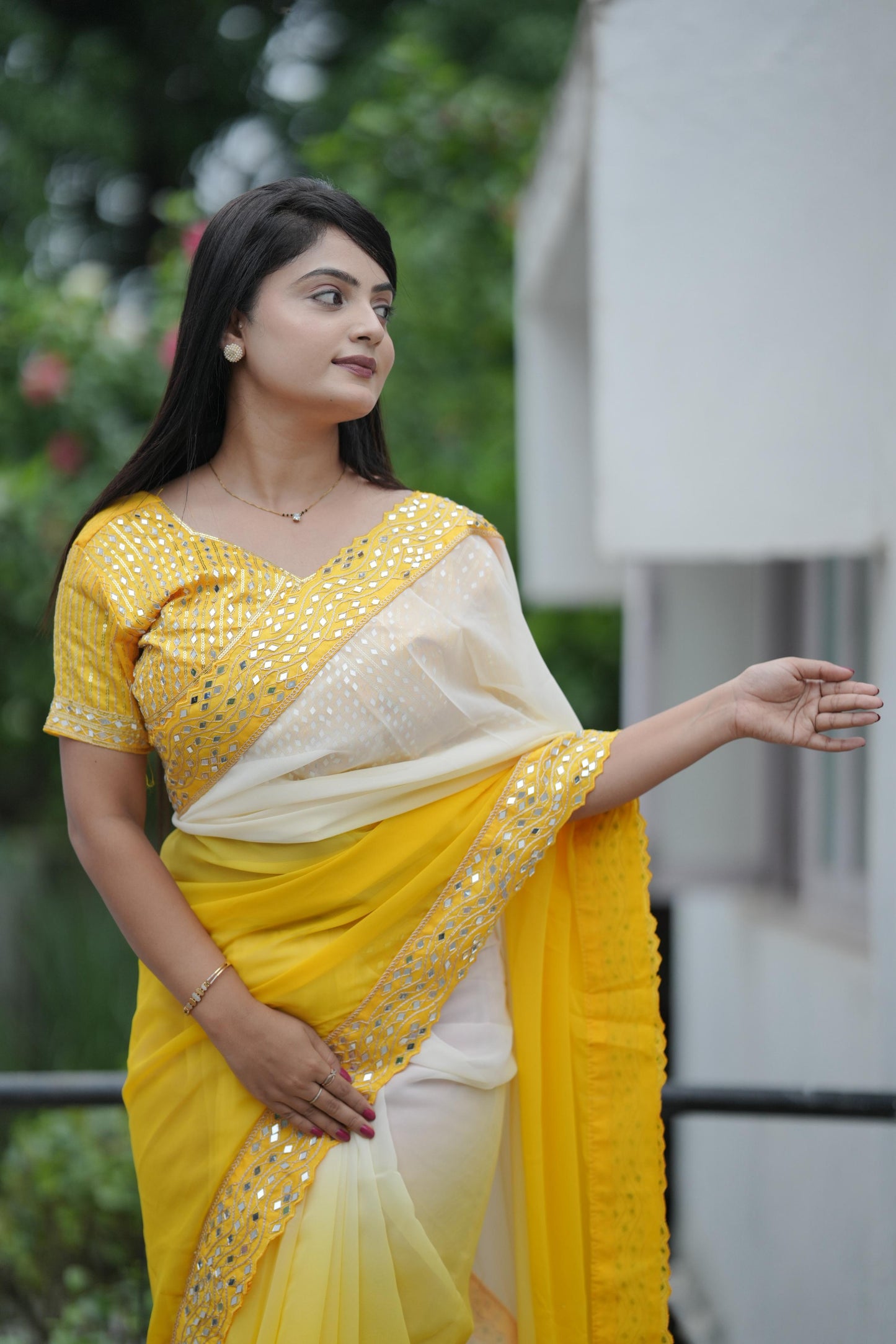 Yellow Banarasi Silk Saree with Mirror Embroidery