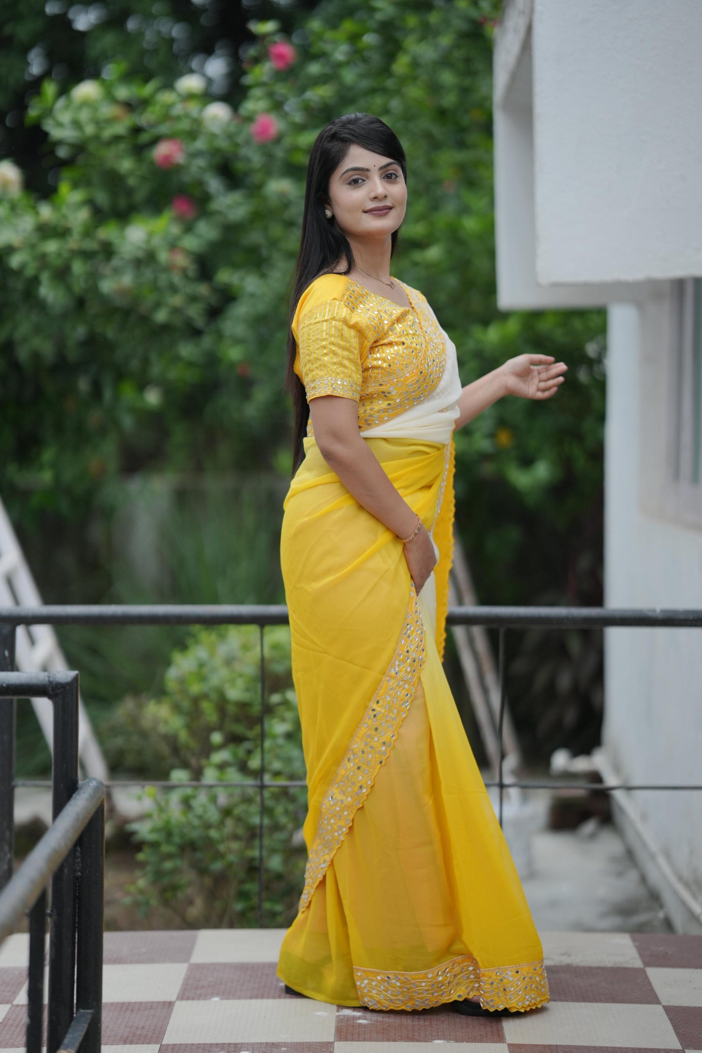 Yellow Banarasi Silk Saree with Mirror Embroidery