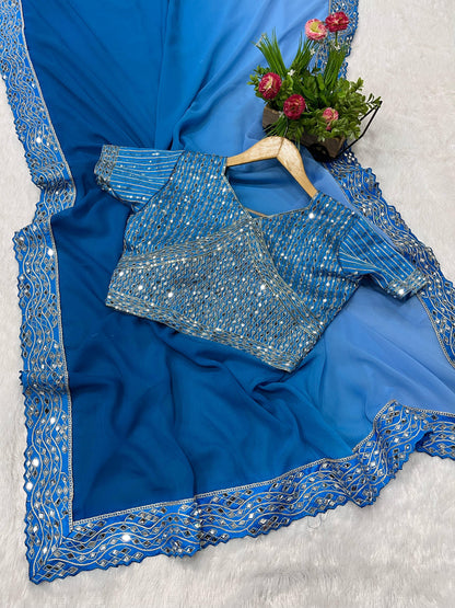 Elegant Blue Banarasi Silk Saree with Mirror Detailing
