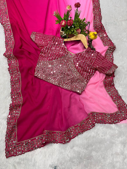 Rani Pink Silk Saree with Mirror Embroidery and Designer Blouse