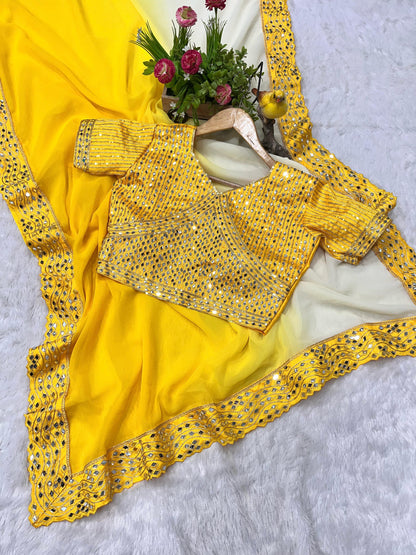 Yellow Banarasi Silk Saree with Mirror Embroidery