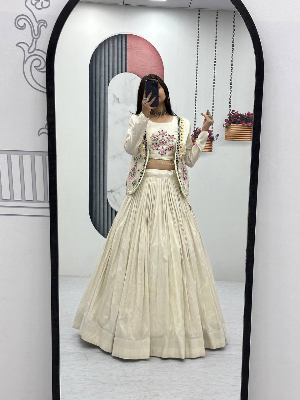 Cream Tissue Simmer  Lehenga Choli with Hand Embroidered Jacket