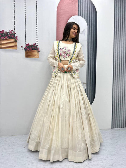 Cream Tissue Simmer  Lehenga Choli with Hand Embroidered Jacket