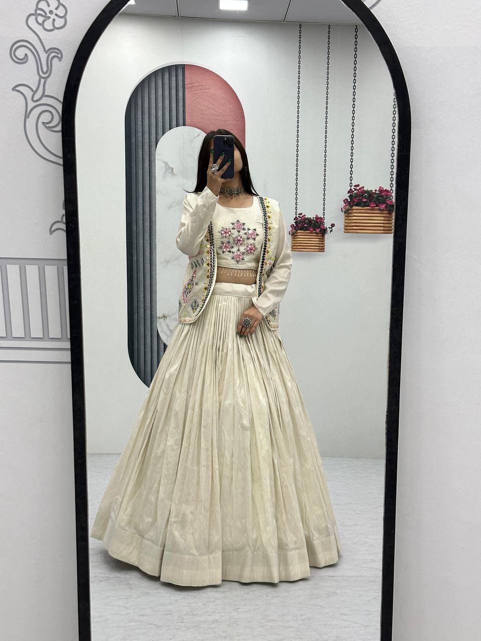 Cream Tissue Simmer  Lehenga Choli with Hand Embroidered Jacket