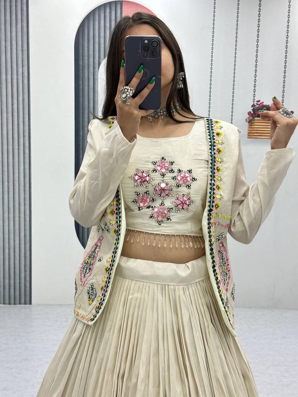 Cream Tissue Simmer  Lehenga Choli with Hand Embroidered Jacket